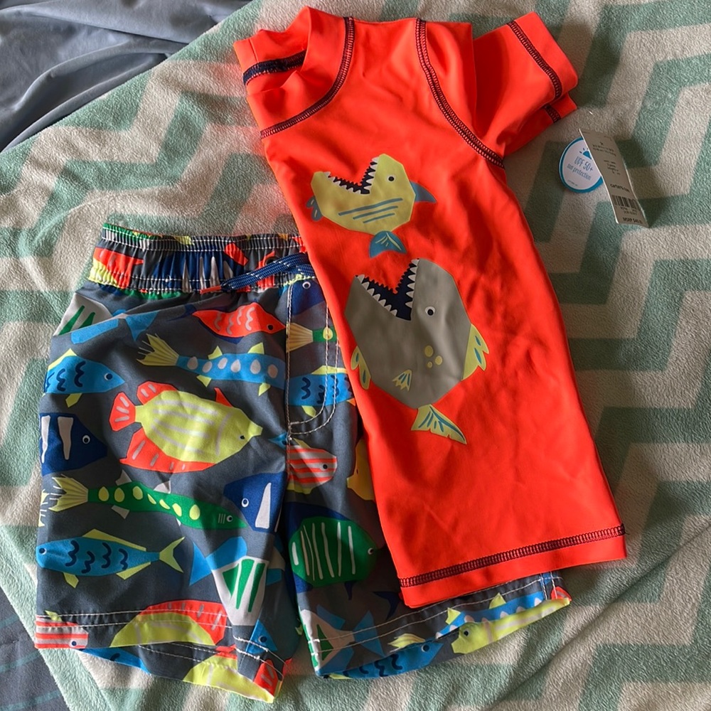 Carter’s boys swim trunks and rash guard. Fish. New with tags.